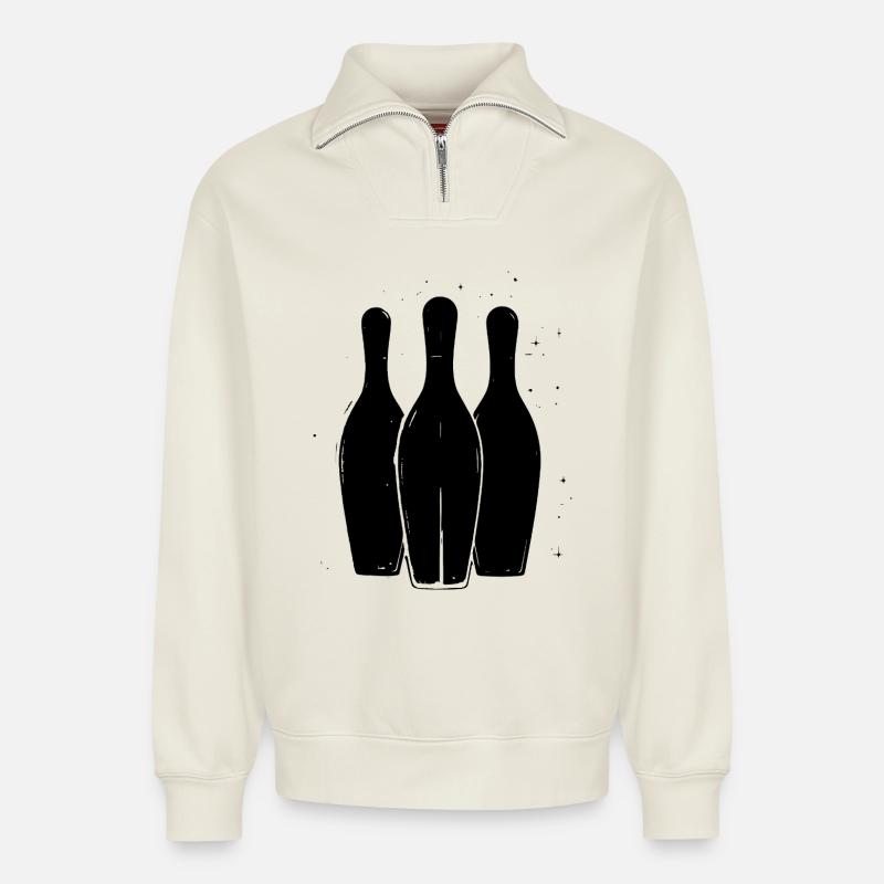 Dessin de bowling - Sweat unisexe décontracté en coton biologique à demi-zip – de SPREAD - blanc cassé