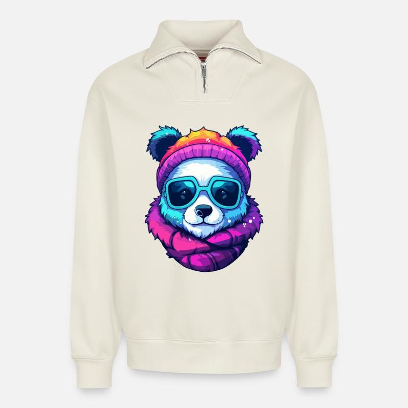 Neon-Regenbogenbär-Straßenstil mit Sonnenbrille - Relaxed Unisex Organic Half Zip Sweatshirt – von SPREAD - Naturweiß