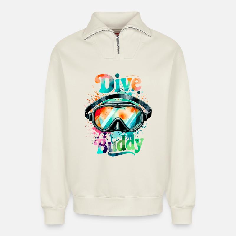 Dive Buddy Taucherbrille - Relaxed Unisex Organic Half Zip Sweatshirt – von SPREAD - Naturweiß