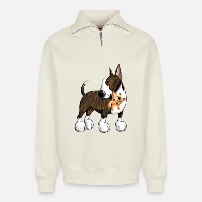 Bullterrier mit Teddy - Relaxed Unisex Organic Half Zip Sweatshirt – von SPREAD - Naturweiß