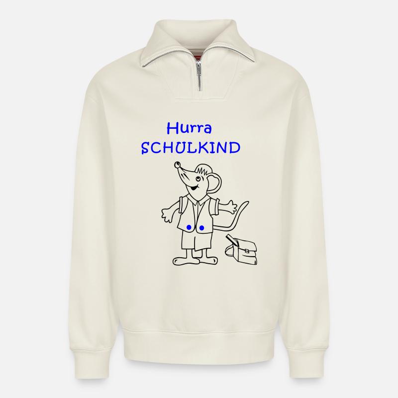 Hurra Schulkind Einschulung - Relaxed Unisex Organic Half Zip Sweatshirt – von SPREAD - Naturweiß