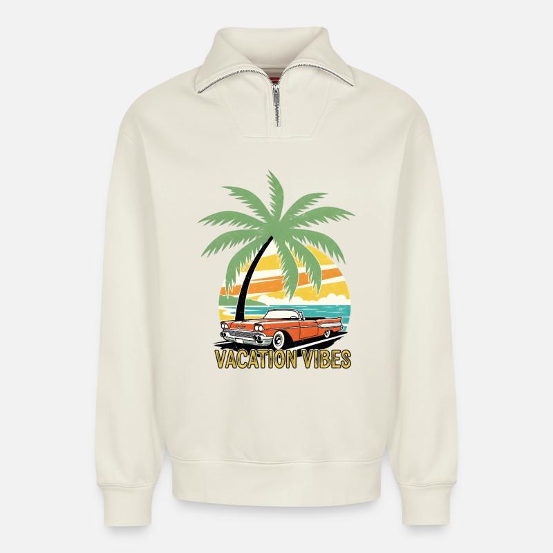 Tropischer Himmel und Oldtimer - Relaxed Unisex Organic Half Zip Sweatshirt – von SPREAD - Naturweiß