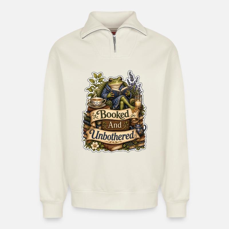 Booked And Unbothered Frog - Relaxed Unisex Organic Half Zip Sweatshirt – by SPREAD - off white