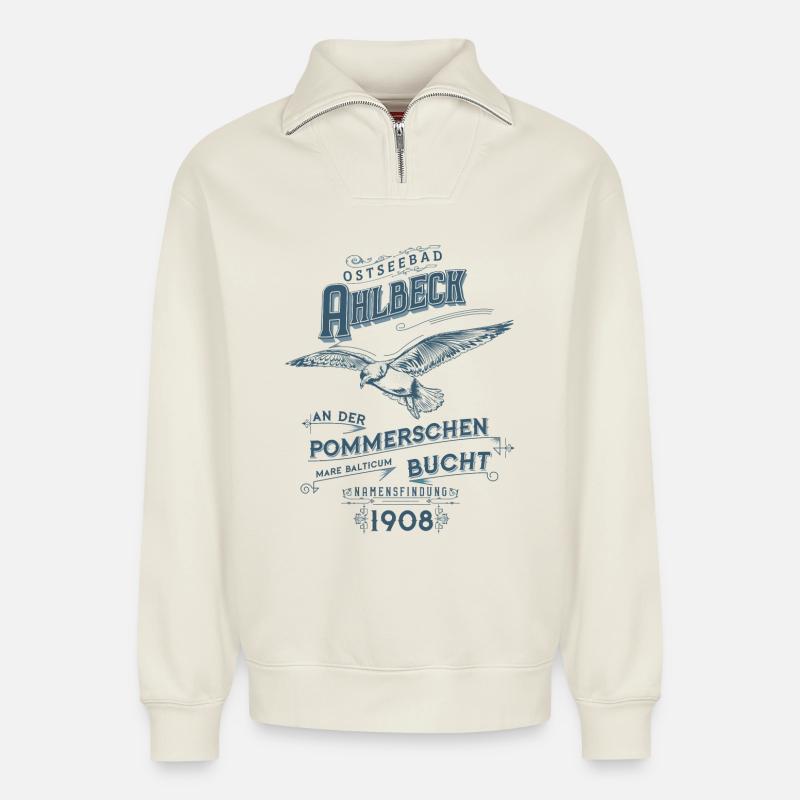 Ostseebad Ahlbeck - Relaxed Unisex Organic Half Zip Sweatshirt – von SPREAD - Naturweiß