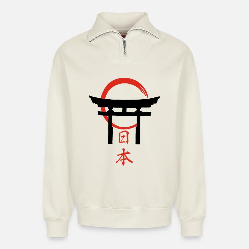 Torii-Tor (Schwarz) - Relaxed Unisex Organic Half Zip Sweatshirt – von SPREAD - Naturweiß