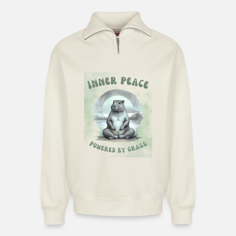 Inner Peace – Powered by Grass Design - Relaxed Unisex Organic Half Zip Sweatshirt – von SPREAD - Naturweiß