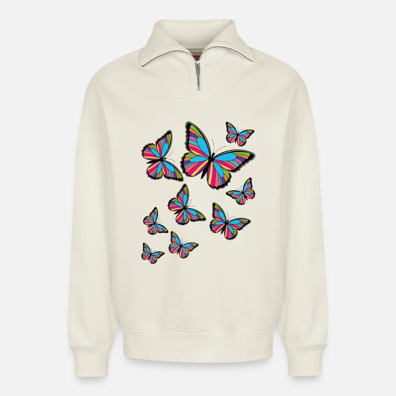 Bunte Schmetterlinge. - Relaxed Unisex Organic Half Zip Sweatshirt – von SPREAD - Naturweiß