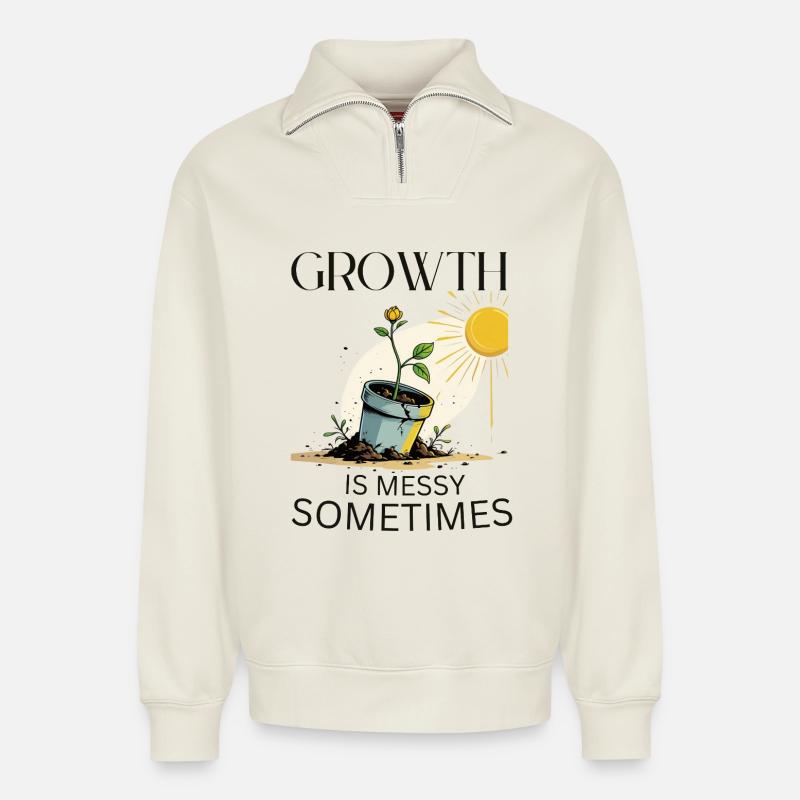 Wachstumsgeschichte mit Blume und Sonne - Relaxed Unisex Organic Half Zip Sweatshirt – von SPREAD - Naturweiß