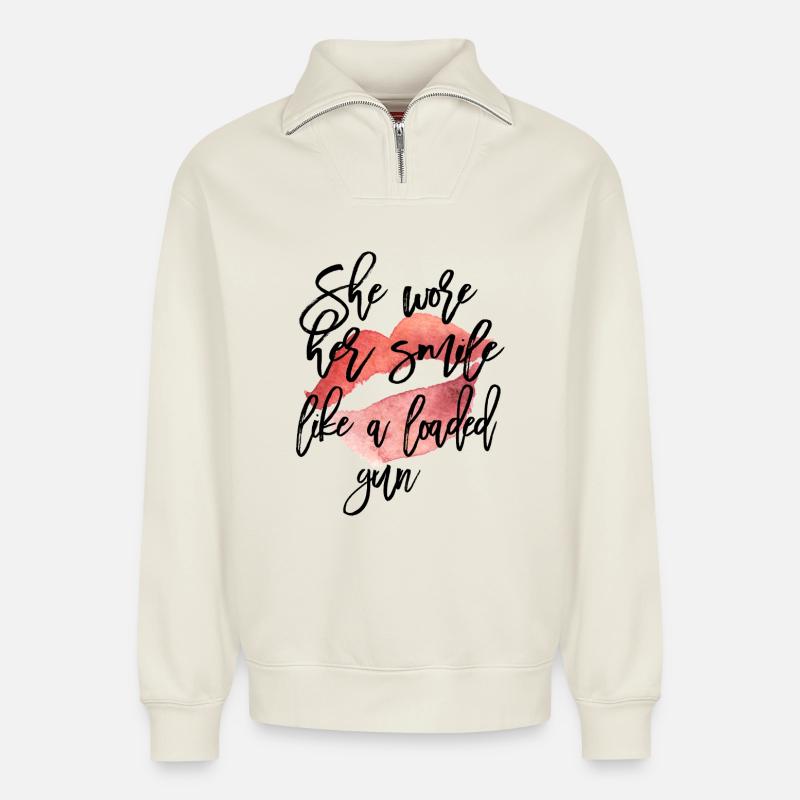 Aquarell Lippenkuss mit Skript - Relaxed Unisex Organic Half Zip Sweatshirt – von SPREAD - Naturweiß