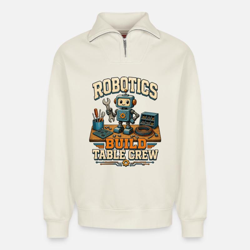 ROBOTICS BUILD TABLE CREW - Relaxed Unisex Organic Half Zip Sweatshirt – by SPREAD - off white