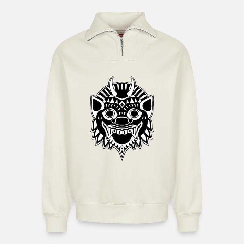 Drache oder Dämon? - Relaxed Unisex Organic Half Zip Sweatshirt – von SPREAD - Naturweiß