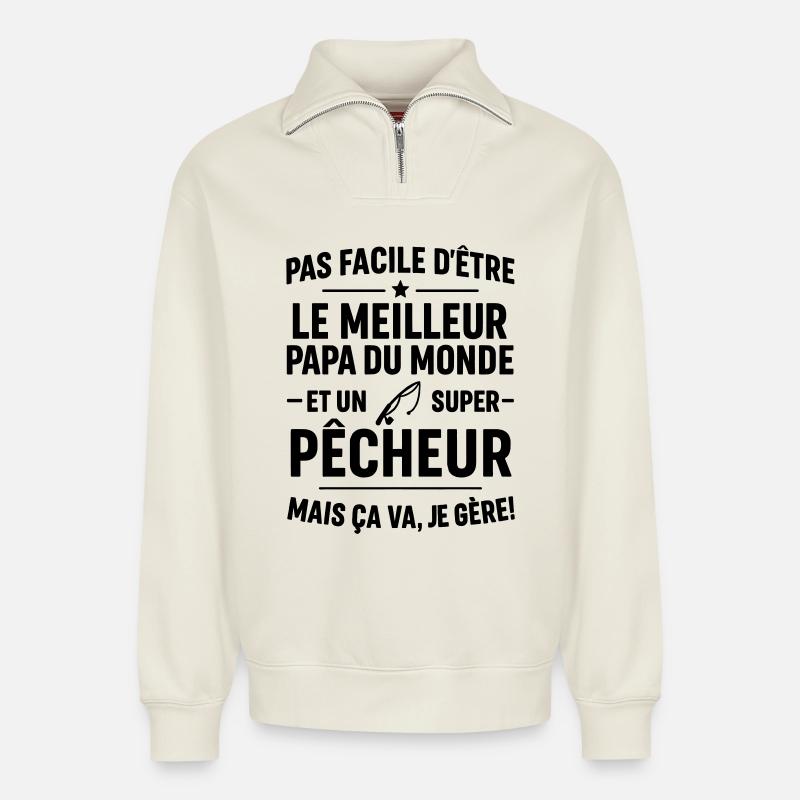 Pêche – Super Papa Pêcheur - Sweat unisexe décontracté en coton biologique à demi-zip – de SPREAD - blanc cassé