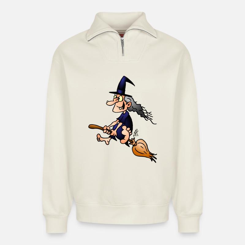 Witch on a broom - Relaxed Unisex Organic Half Zip Sweatshirt – by SPREAD - off white