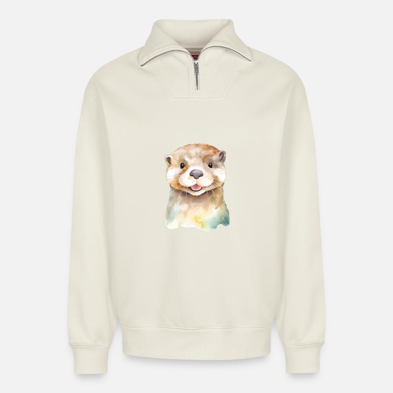 Playful Otter - Relaxed Unisex Organic Half Zip Sweatshirt – by SPREAD - off white