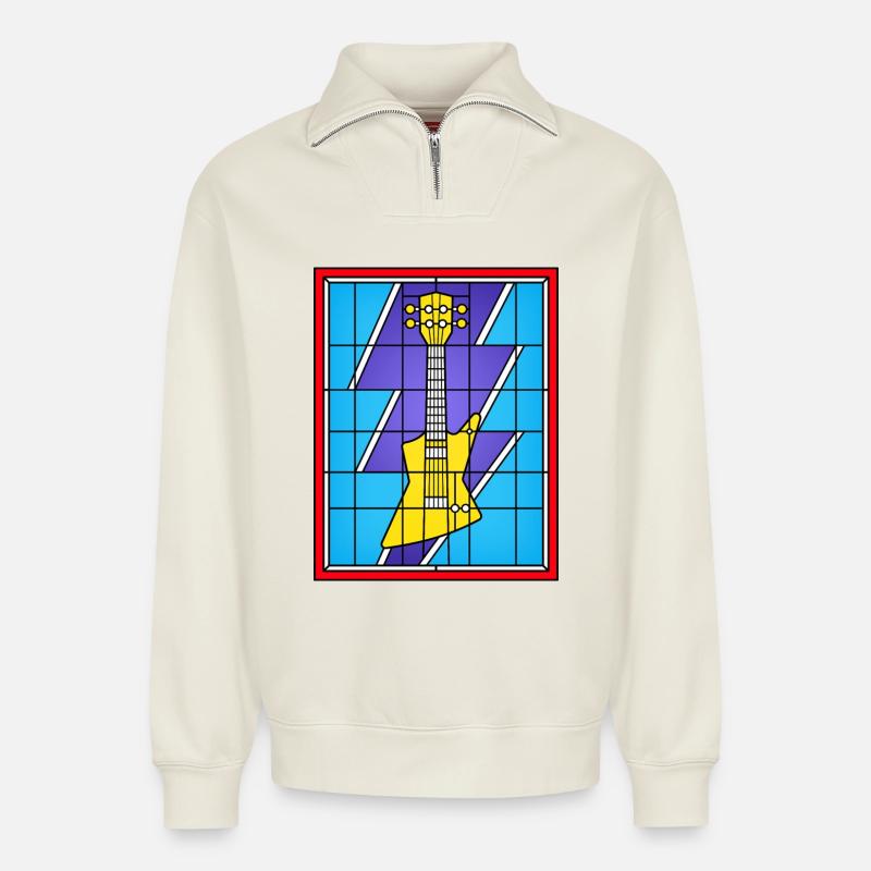 Buntglasgelbe E-Gitarre - Relaxed Unisex Organic Half Zip Sweatshirt – von SPREAD - Naturweiß