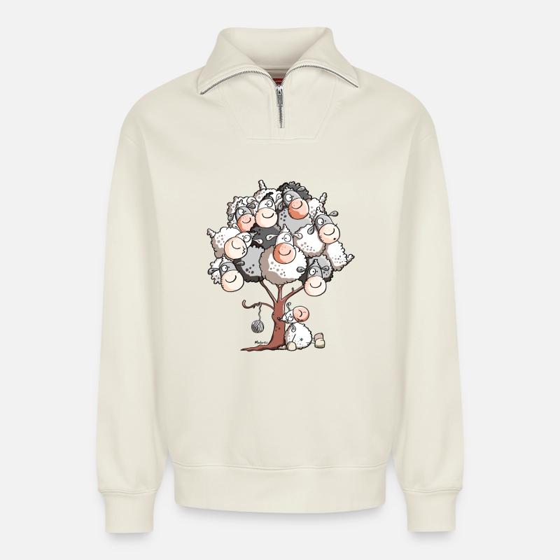 Drôle Arbre Mouton - Sweat unisexe décontracté en coton biologique à demi-zip – de SPREAD - blanc cassé