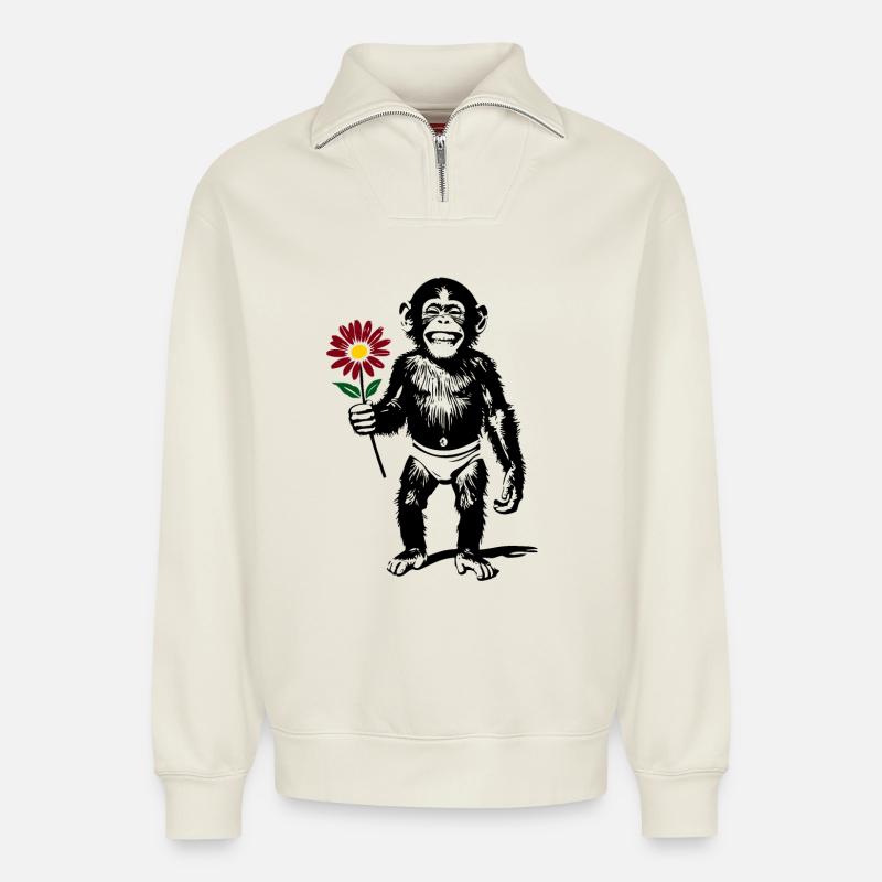 Affe mit Blume Valentinsgeschenk - Relaxed Unisex Organic Half Zip Sweatshirt – von SPREAD - Naturweiß