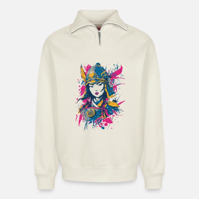Samurai Warrior - Relaxed Unisex Organic Half Zip Sweatshirt – by SPREAD - off white