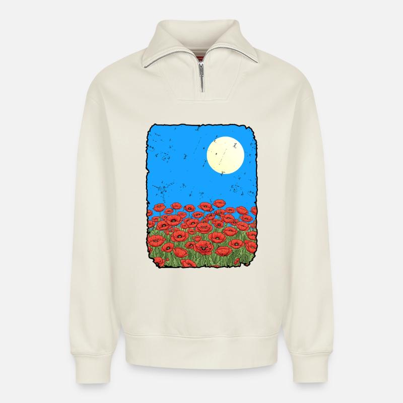 Mohnblumen - Relaxed Unisex Organic Half Zip Sweatshirt – von SPREAD - Naturweiß
