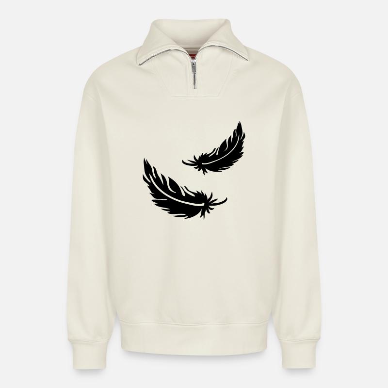 Two flying feathers - Relaxed Unisex Organic Half Zip Sweatshirt – by SPREAD - off white