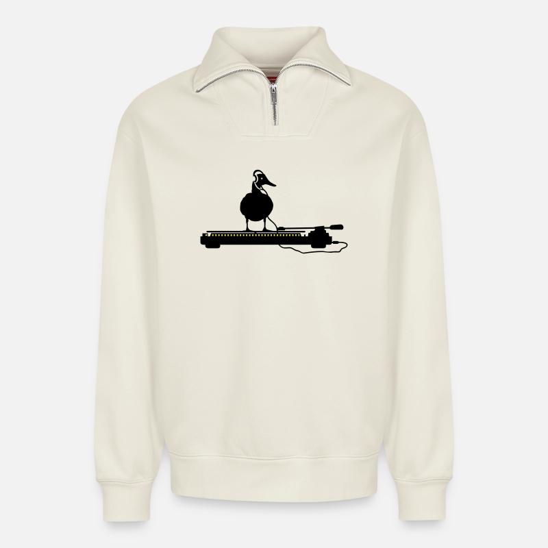 disco duck turntable - Relaxed Unisex Organic Half Zip Sweatshirt – by SPREAD - off white