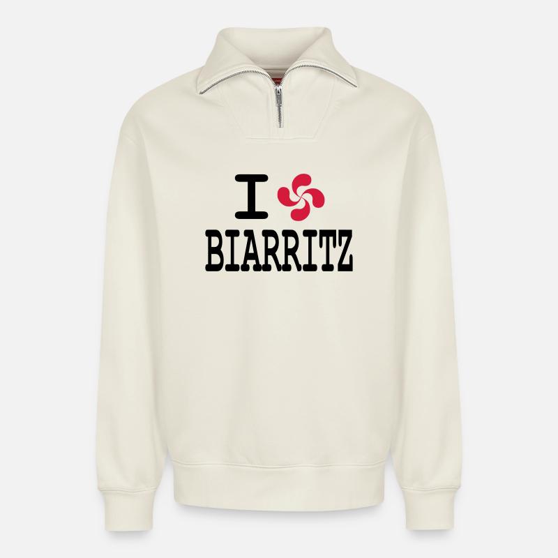 ich liebe Biarritz - lauburu - Relaxed Unisex Organic Half Zip Sweatshirt – von SPREAD - Naturweiß