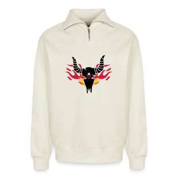 Bull skull with flames - Relaxed Unisex Organic Half Zip Sweatshirt – by SPREAD - off white - Front
