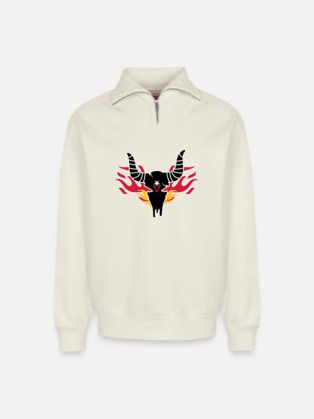 Bull skull with flames - Relaxed Unisex Organic Half Zip Sweatshirt – by SPREAD - off white