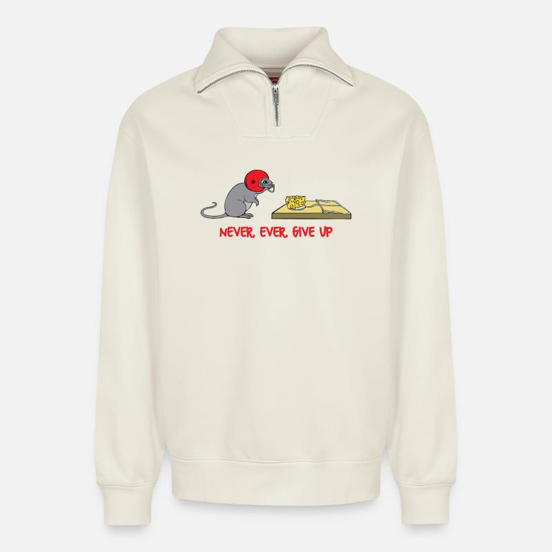 Never ever give up - Relaxed Unisex Organic Half Zip Sweatshirt – by SPREAD - off white