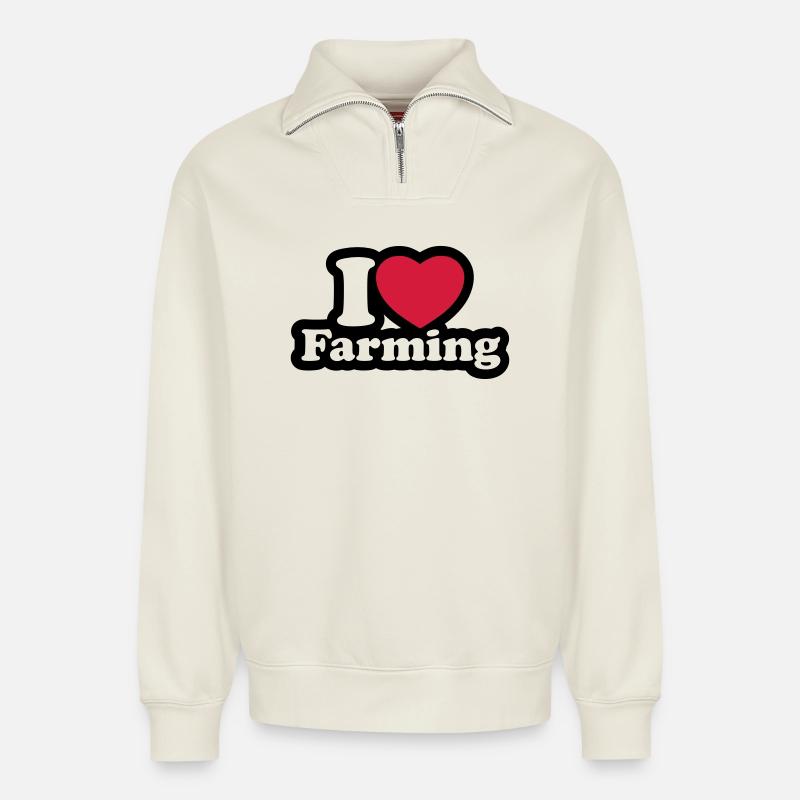 I love farming - Relaxed Unisex Organic Half Zip Sweatshirt – von SPREAD - Naturweiß