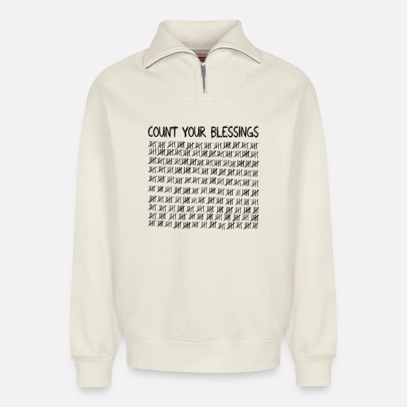 Count Your Blessings - Sweat unisexe décontracté en coton biologique à demi-zip – de SPREAD - blanc cassé