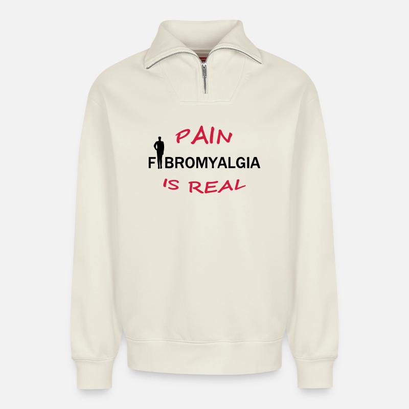 Fibromyalgia - Pain is real Geschenk - Sweat unisexe décontracté en coton biologique à demi-zip – de SPREAD - blanc cassé