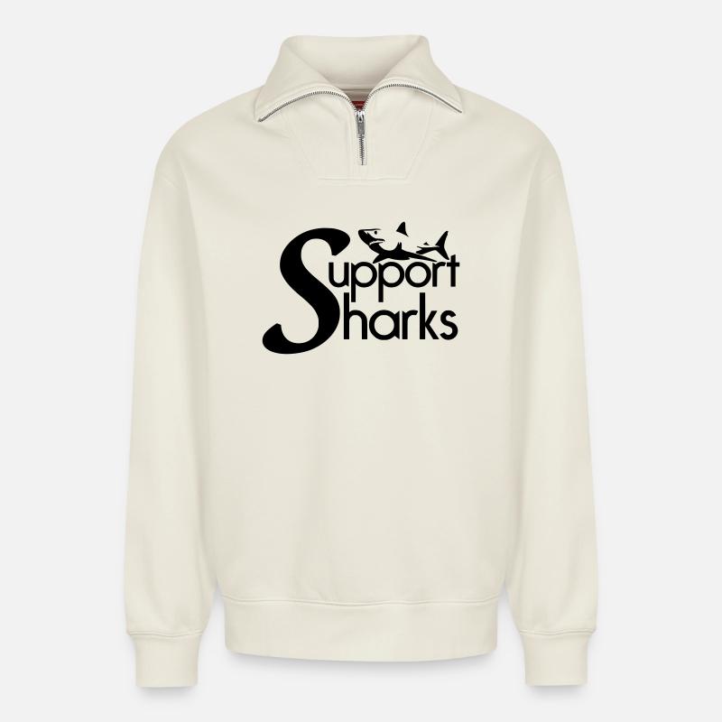 Support Sharks - Relaxed Unisex Organic Half Zip Sweatshirt – by SPREAD - off white