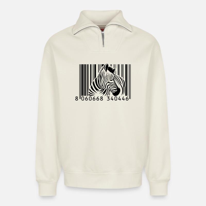 barcode zebra - Relaxed Unisex Organic Half Zip Sweatshirt – by SPREAD - off white