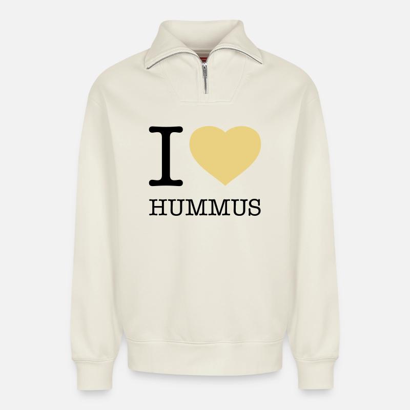 I LOVE HUMMUS - Relaxed Unisex Organic Half Zip Sweatshirt – von SPREAD - Naturweiß