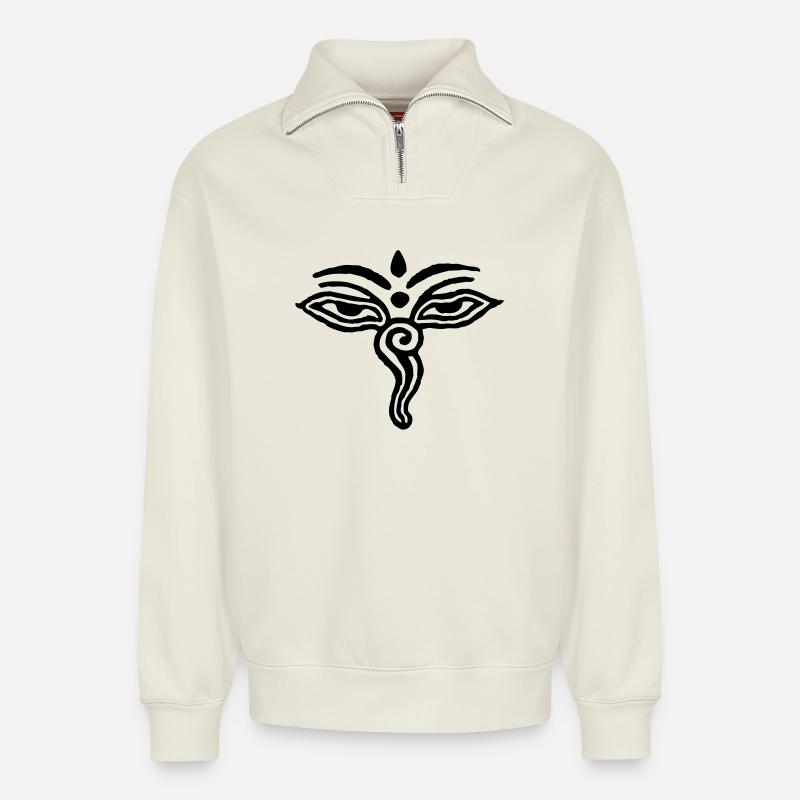 Yeux tibétains - Sweat unisexe décontracté en coton biologique à demi-zip – de SPREAD - blanc cassé