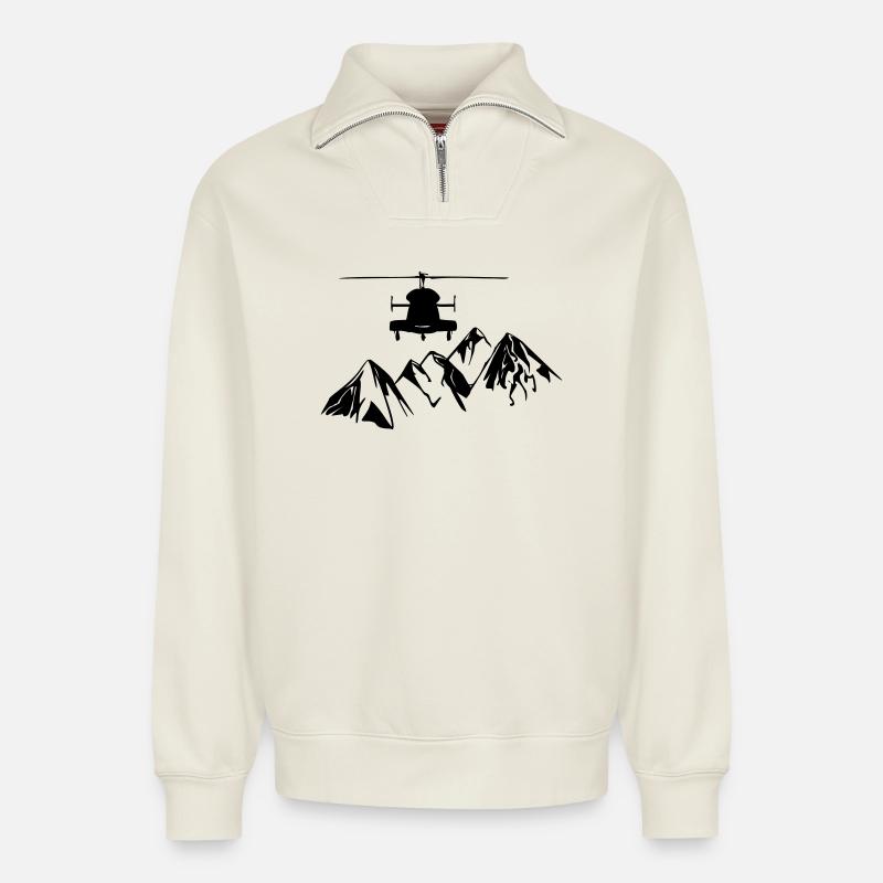 Helikopter mit Bergen - Relaxed Unisex Organic Half Zip Sweatshirt – von SPREAD - Naturweiß
