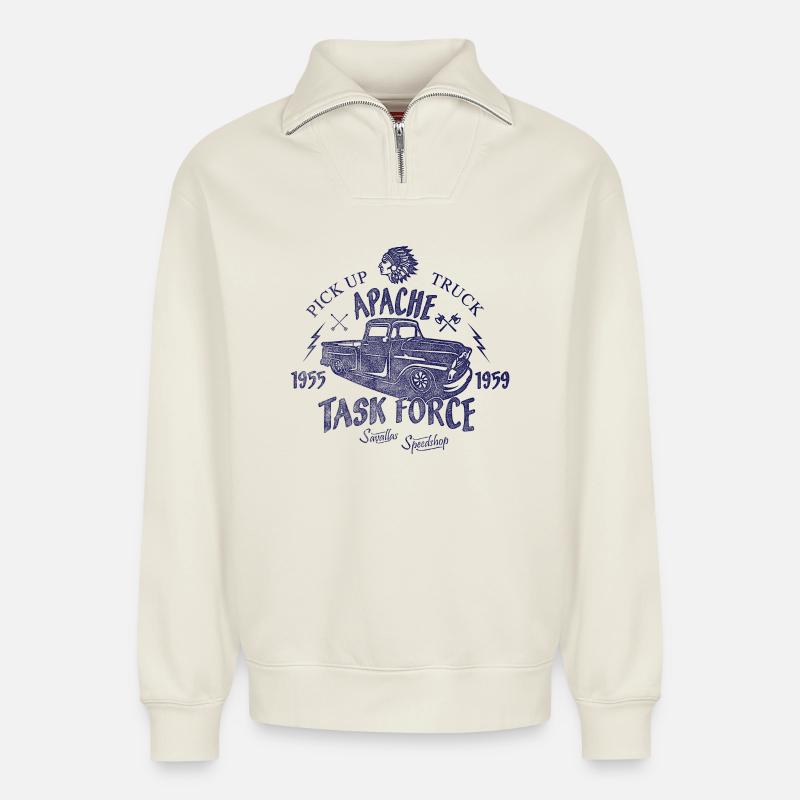 Apache Truck - Relaxed Unisex Organic Half Zip Sweatshirt – von SPREAD - Naturweiß