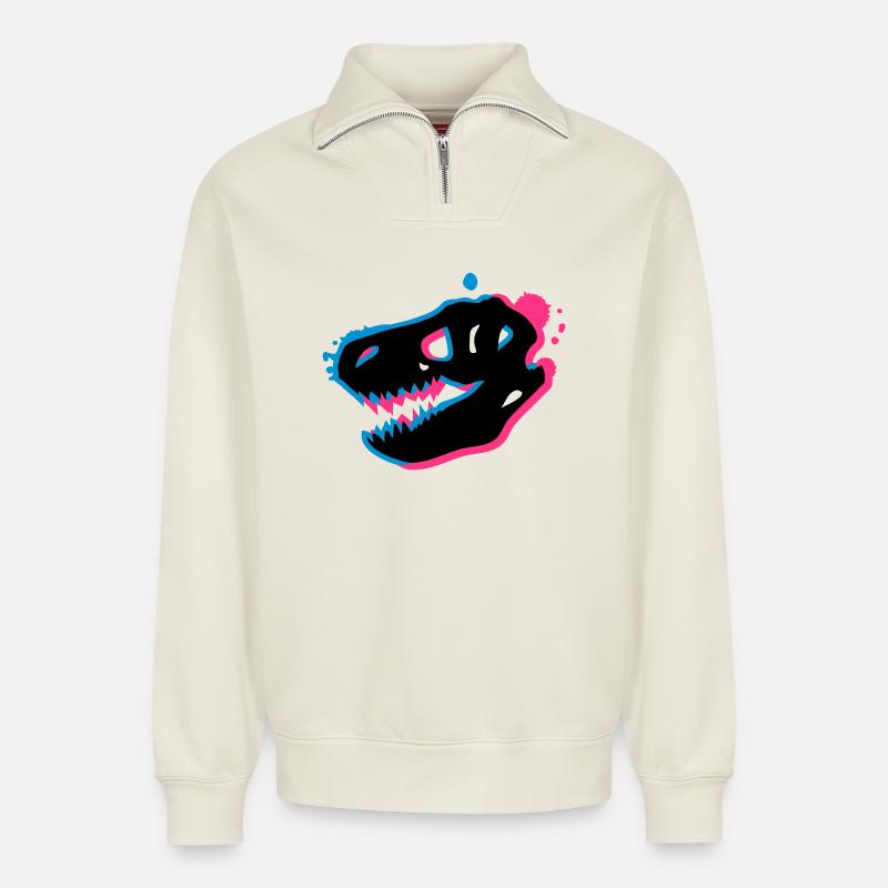 T Rex Schädel 3-D - Relaxed Unisex Organic Half Zip Sweatshirt – von SPREAD - Naturweiß