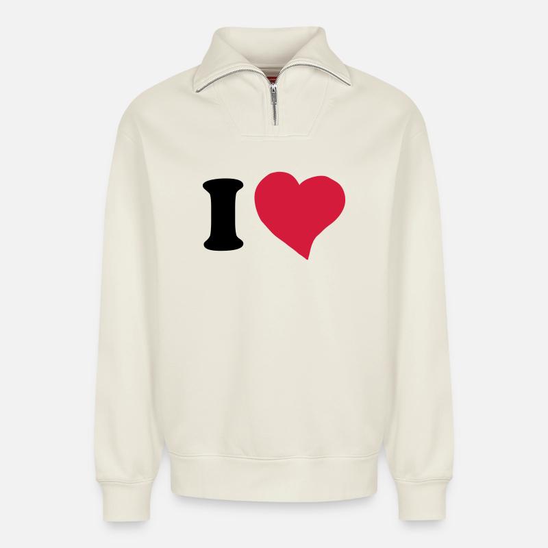 I love ... - Relaxed Unisex Organic Half Zip Sweatshirt – by SPREAD - off white