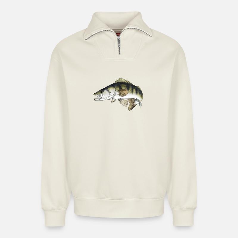 pike-perch - Sweat unisexe décontracté en coton biologique à demi-zip – de SPREAD - blanc cassé