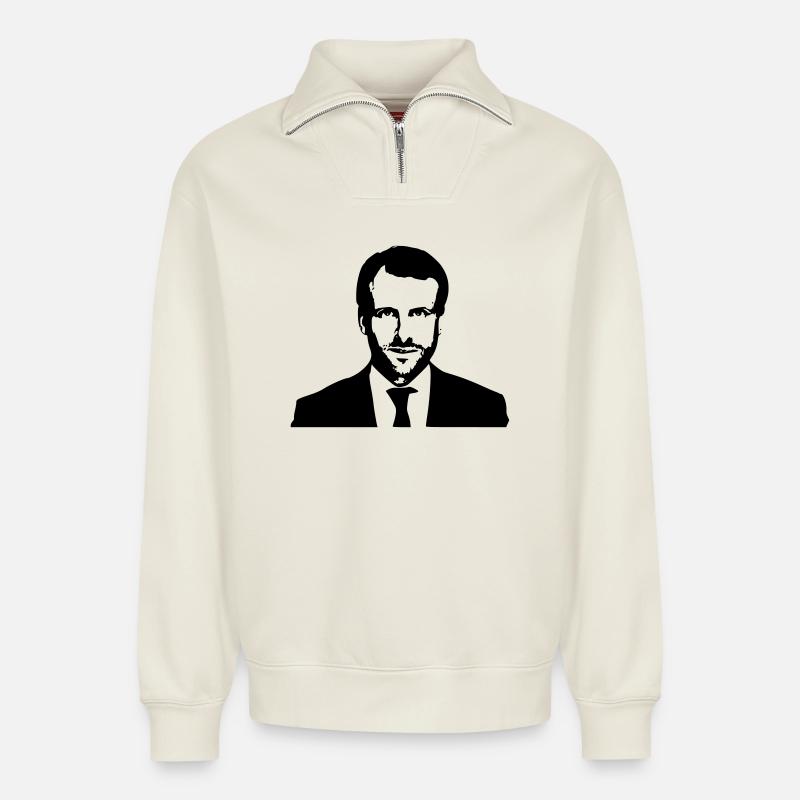 Macron Président  - Sweat unisexe décontracté en coton biologique à demi-zip – de SPREAD - blanc cassé
