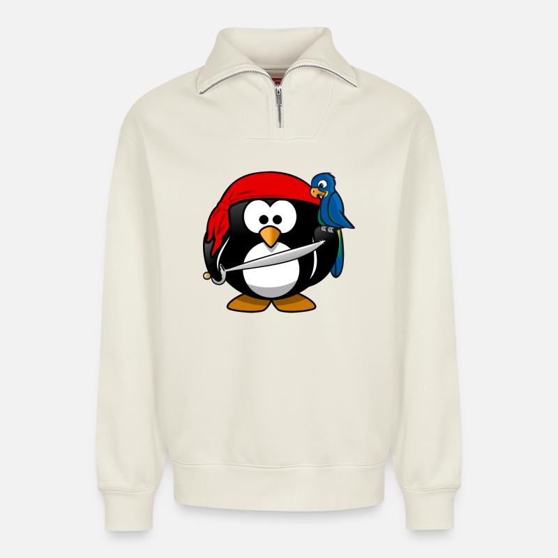 Pirat Pinguin Seeräuber - Relaxed Unisex Organic Half Zip Sweatshirt – von SPREAD - Naturweiß