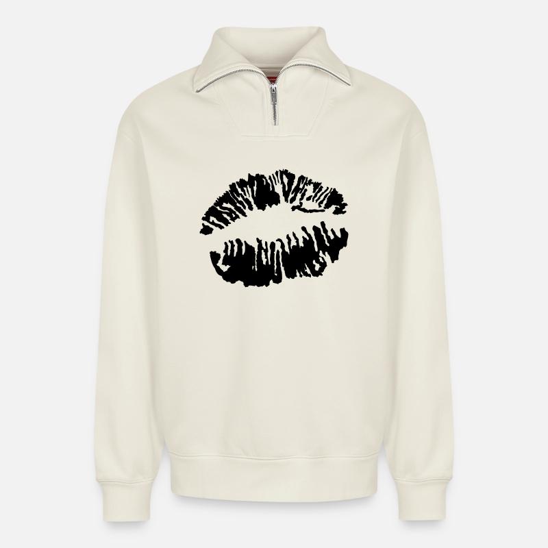 Bouche Rosebud - Sweat unisexe décontracté en coton biologique à demi-zip – de SPREAD - blanc cassé