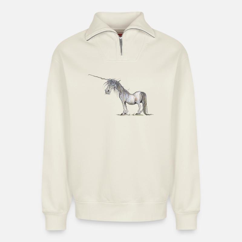 Das letzte Einhorn - Relaxed Unisex Organic Half Zip Sweatshirt – von SPREAD - Naturweiß