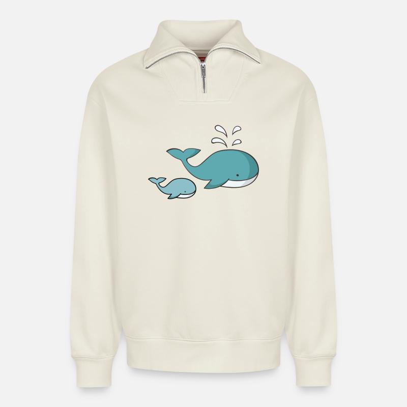 baleine - Sweat unisexe décontracté en coton biologique à demi-zip – de SPREAD - blanc cassé