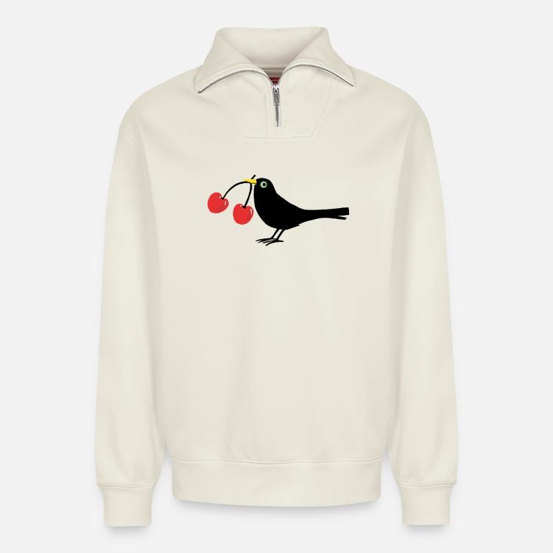 Krähe mit Kirschen - Relaxed Unisex Organic Half Zip Sweatshirt – von SPREAD - Naturweiß
