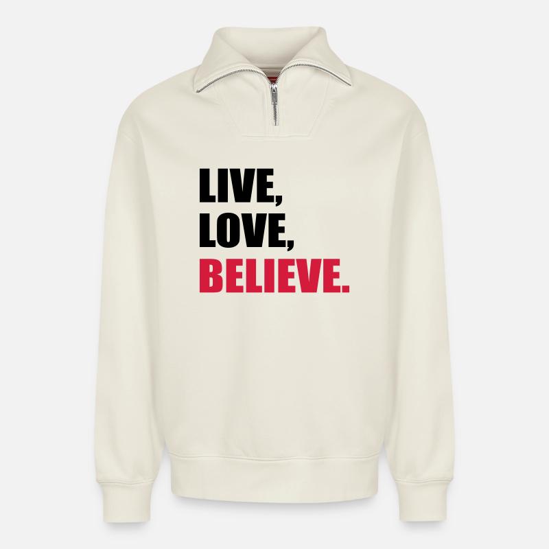 belief - Relaxed Unisex Organic Half Zip Sweatshirt – by SPREAD - off white