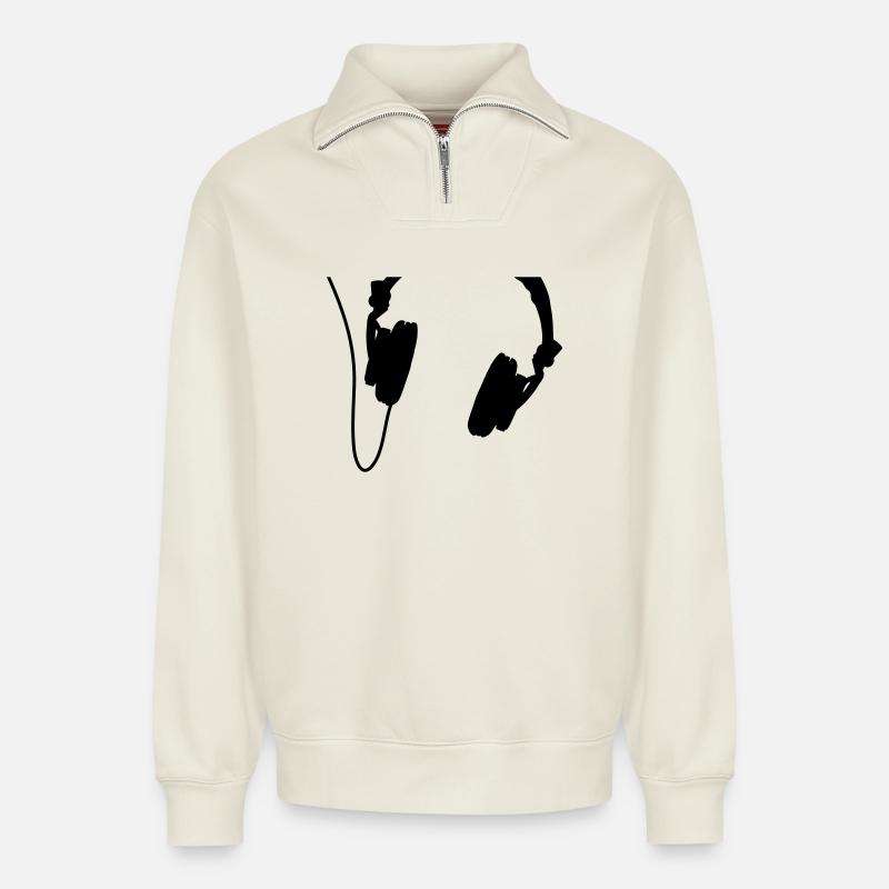 headphones_vector - Sweat unisexe décontracté en coton biologique à demi-zip – de SPREAD - blanc cassé
