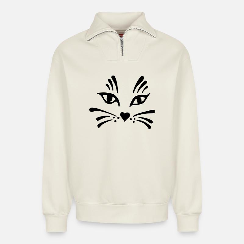 tête de chat simplifiée - Sweat unisexe décontracté en coton biologique à demi-zip – de SPREAD - blanc cassé